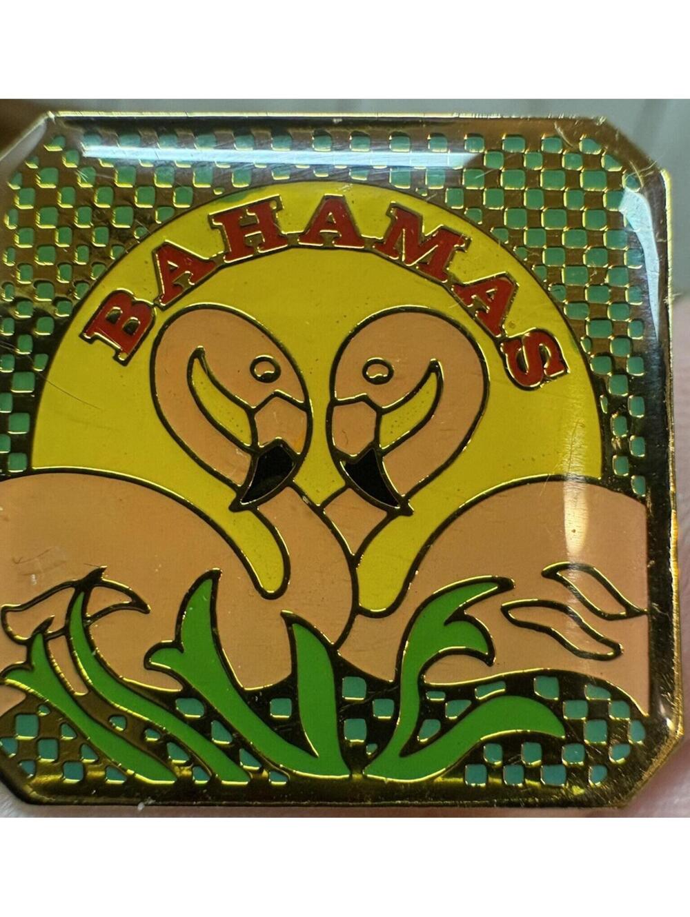 Vintage Bahamas Travel Souvenir Enamel Lapel Pin 2 Pink Flamingos